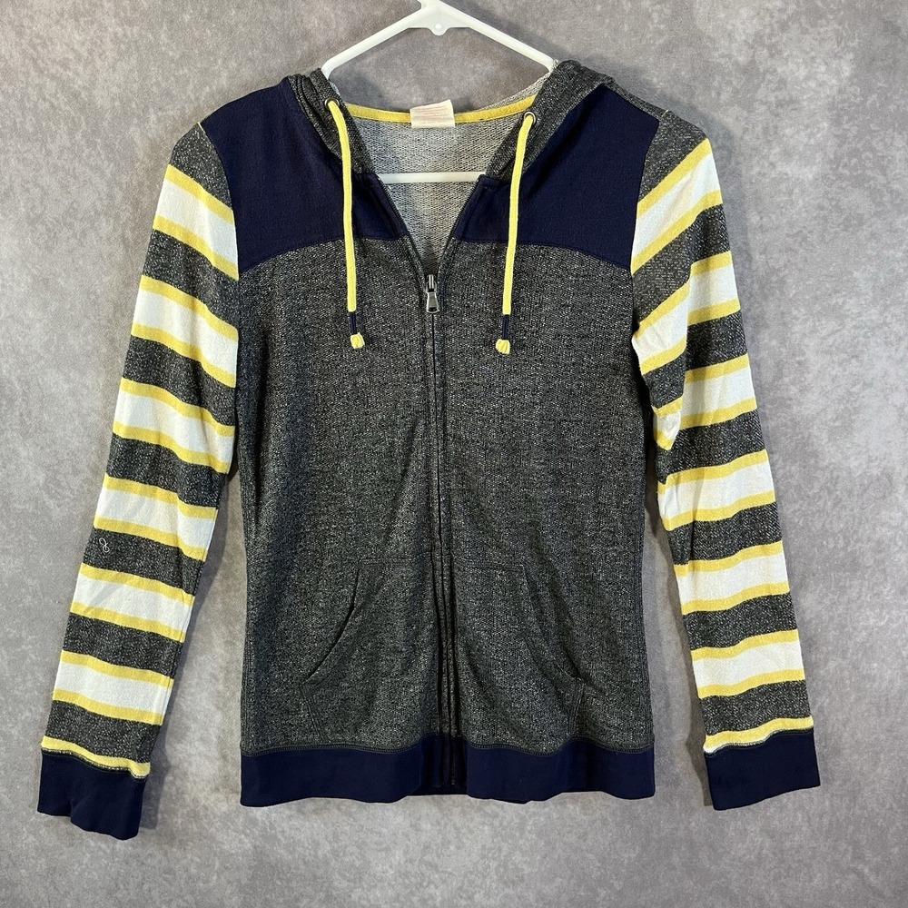 Jasmine & Ginger Zip Hoodie Women XS Grey Yellow Stripe Long Sleeve Hooded Sweat
